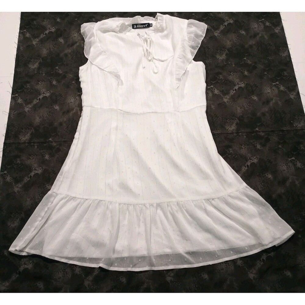 Allegra K White Silver Swiss Dot Dress M Ruffle Mock Tie Neck point d'Esprit